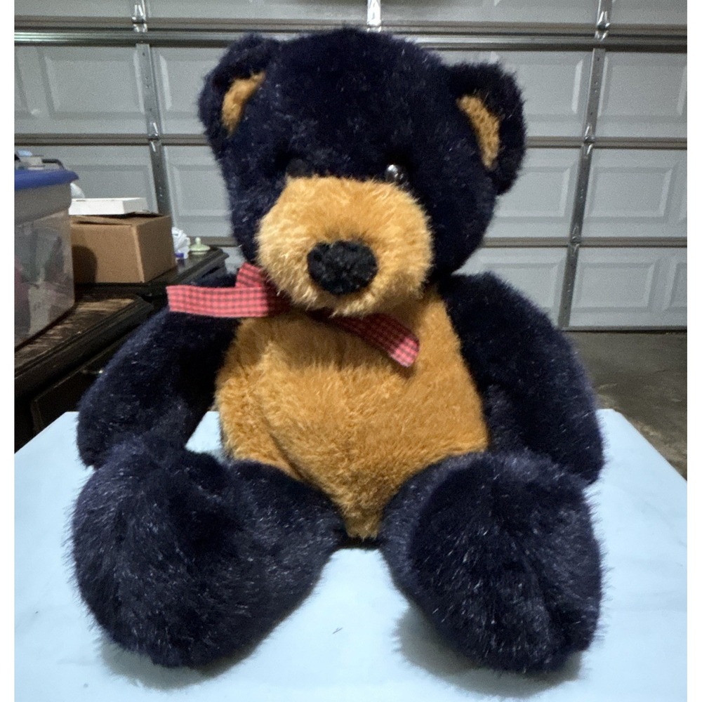 Dakin Teddy Bear Plush Medium 14-24in Black & Tan Red Plaid Bow 1992 MPN 118